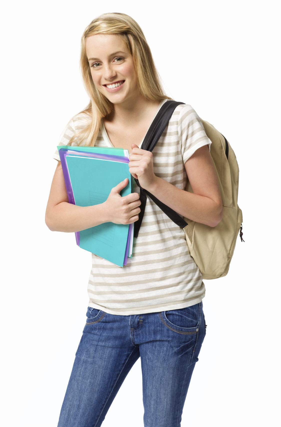 Blond female high school student poses with a backpack and school supplies. Vertical shot. Isolated on white.